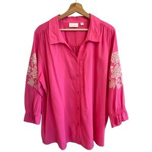 Belle Kim Gravel Womens Linen Top Size 2X Pink Embroidered Relaxed Cottage Boho